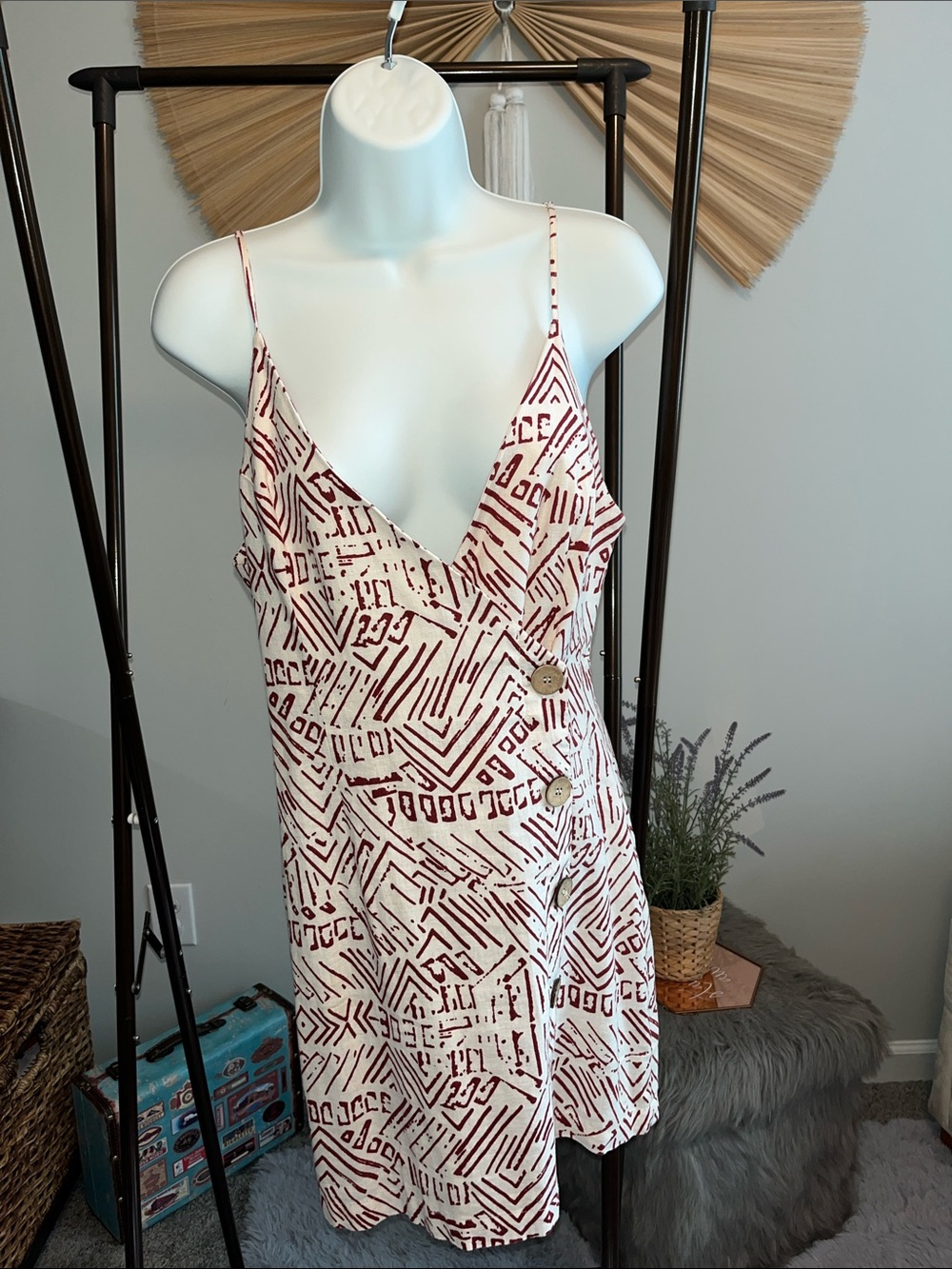 Forever 21 White Mini Dress with Burgundy Geometric Print